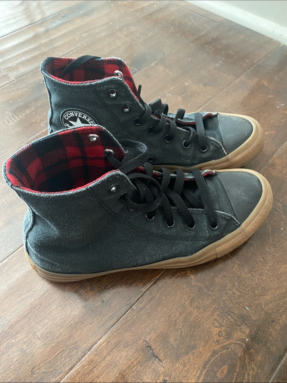 Converse Kids Black High-Top Sneakers with Red Plaid Lining